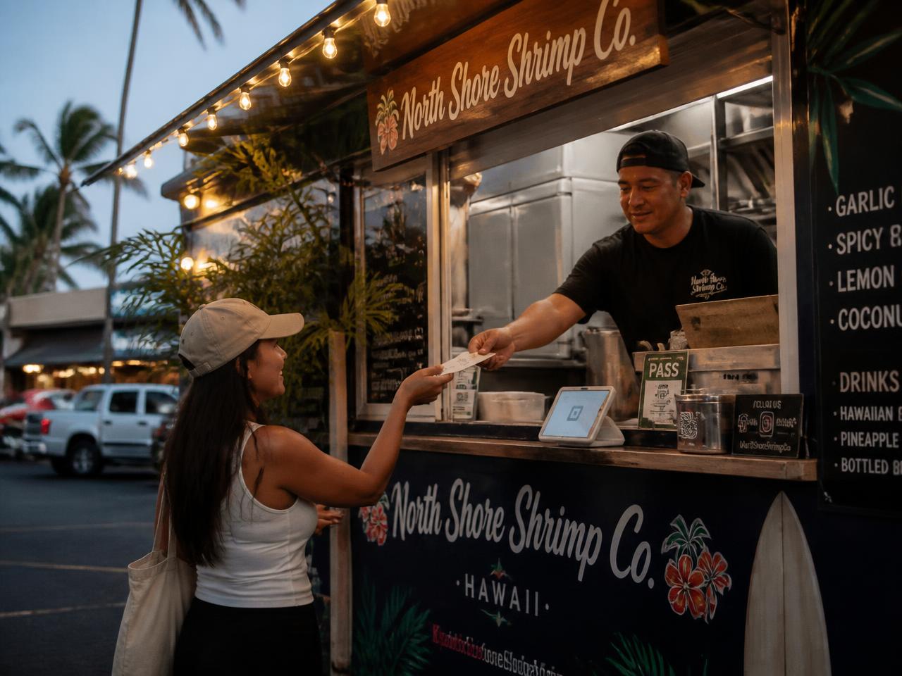 Local Hawaii food truck owner handing a receipt to a customer after a card payment