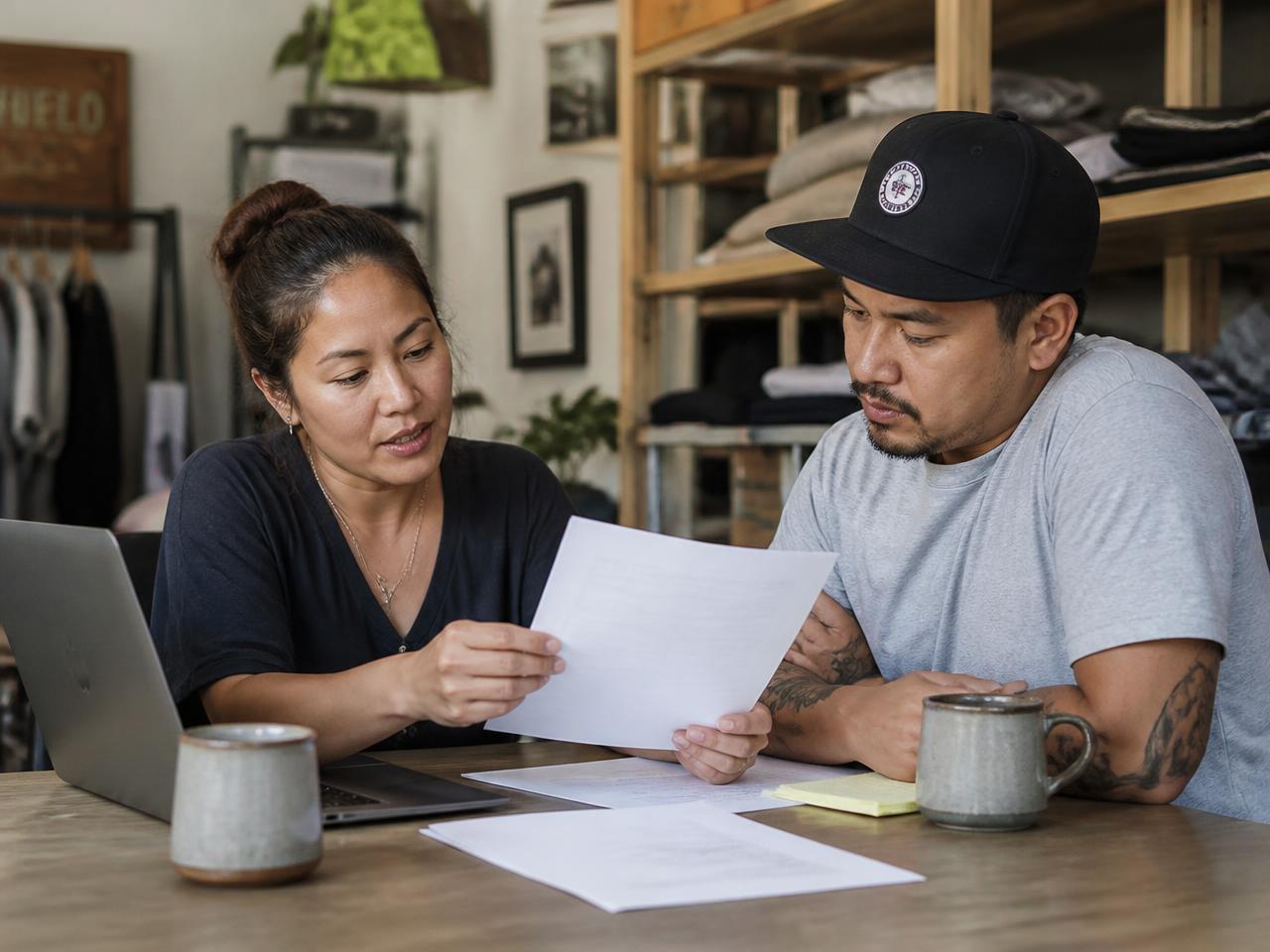 A Hawaii business owner reviewing a merchant processing statement with a local representative
